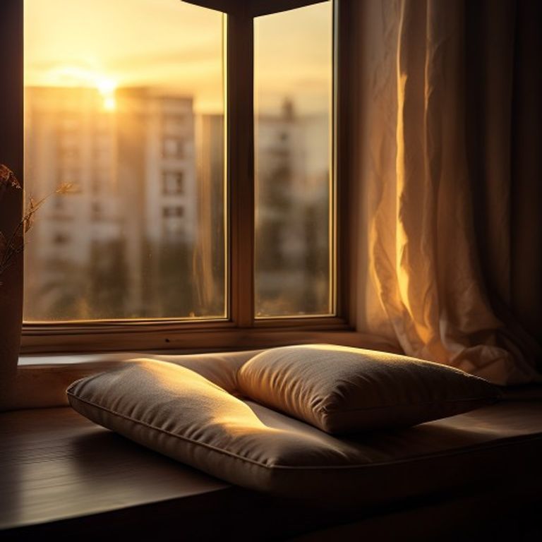 Meditation cushion by a window with golden hour light