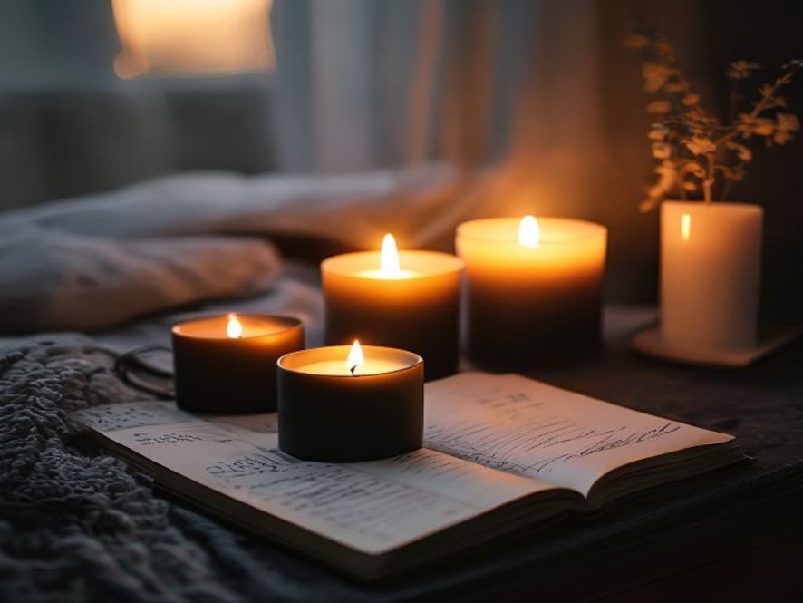 Candles and handwritten journal on a nightstand with soft warm lighting